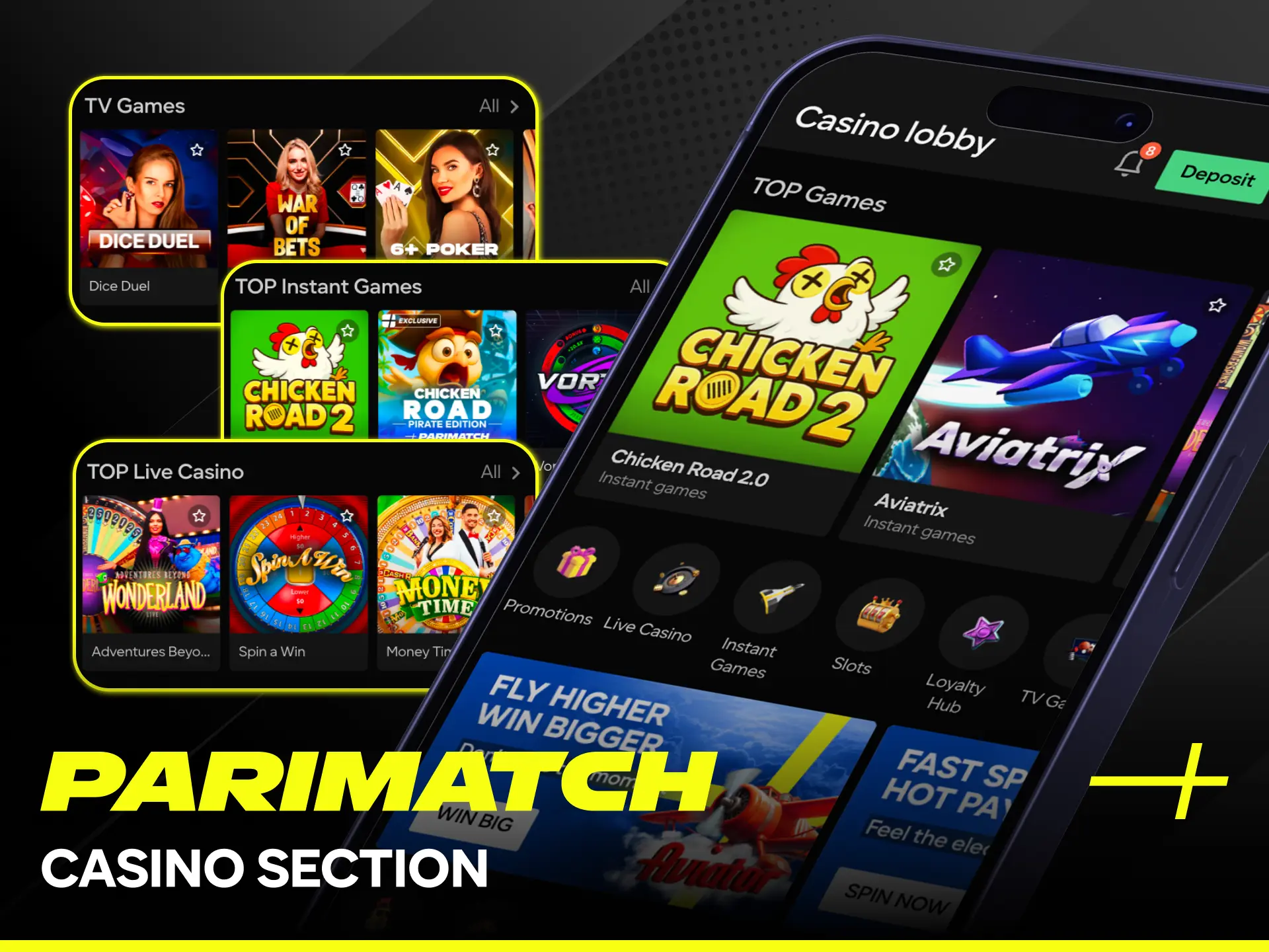 Play top games in the Parimatch App online casino section.