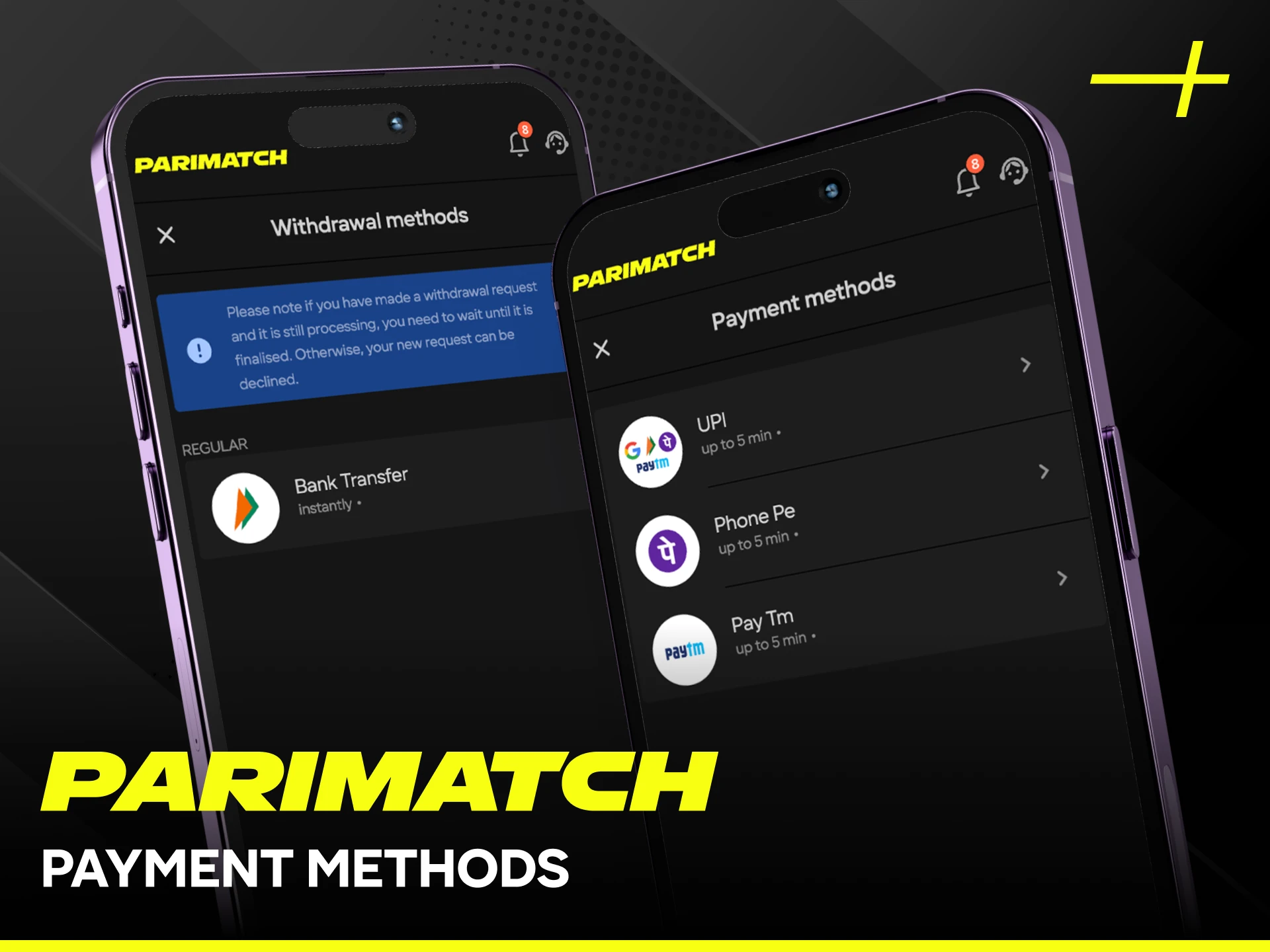 Manage your funds using Parimatch mobile App payment methods.