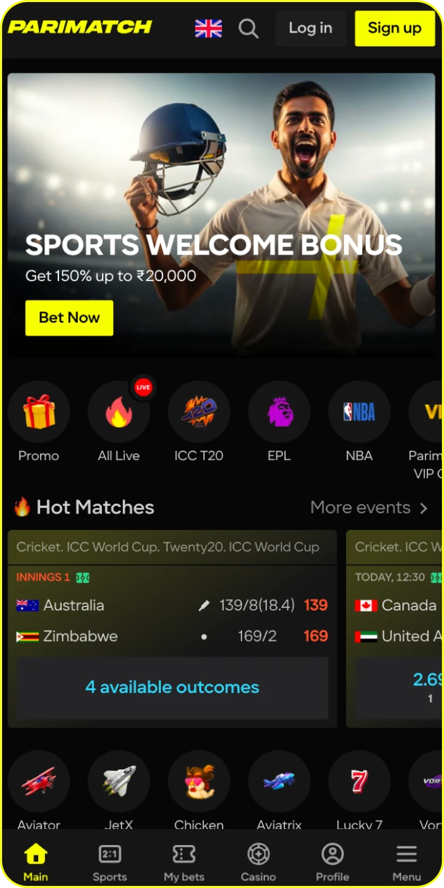 Explore the main page interface of the Parimatch India App.