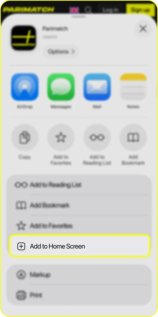 Select add to home screen to install the Parimatch iOS shortcut.