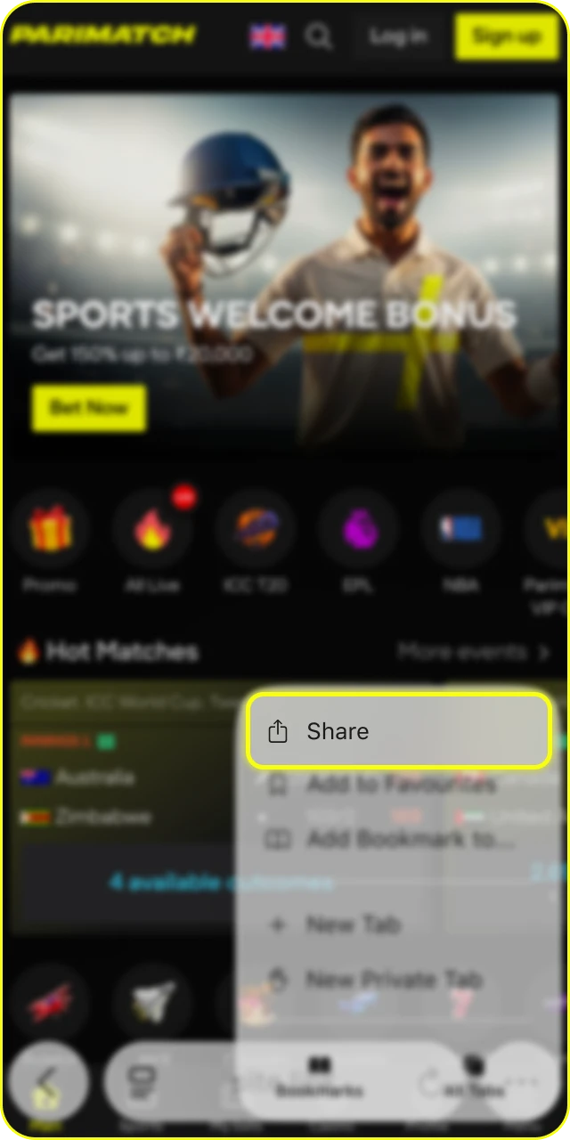 Open the share menu in your browser to manage the Parimatch iOS App.