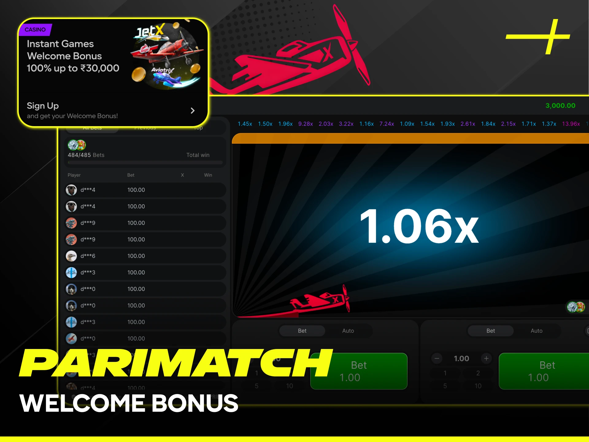 Claim your official Parimatch welcome bonus to play Aviator in India.