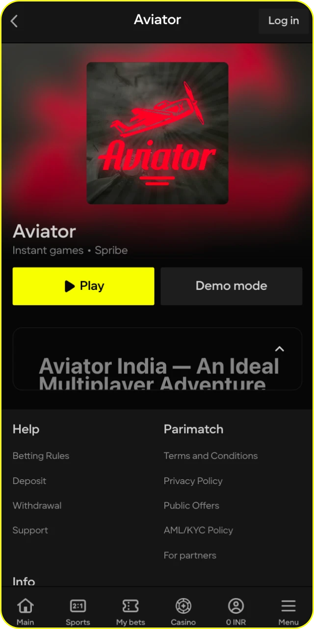 Find Aviator in the main menu of the Parimatch gaming site.