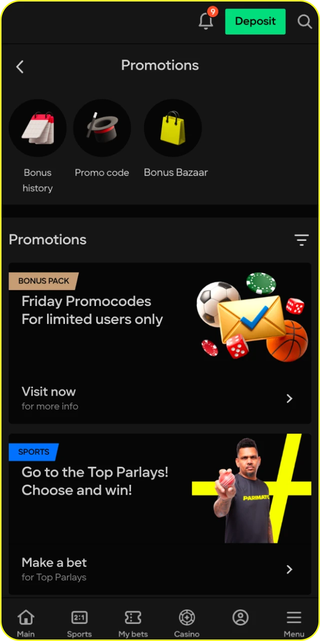 Select your preferred bonus from the available Parimatch promotion list.