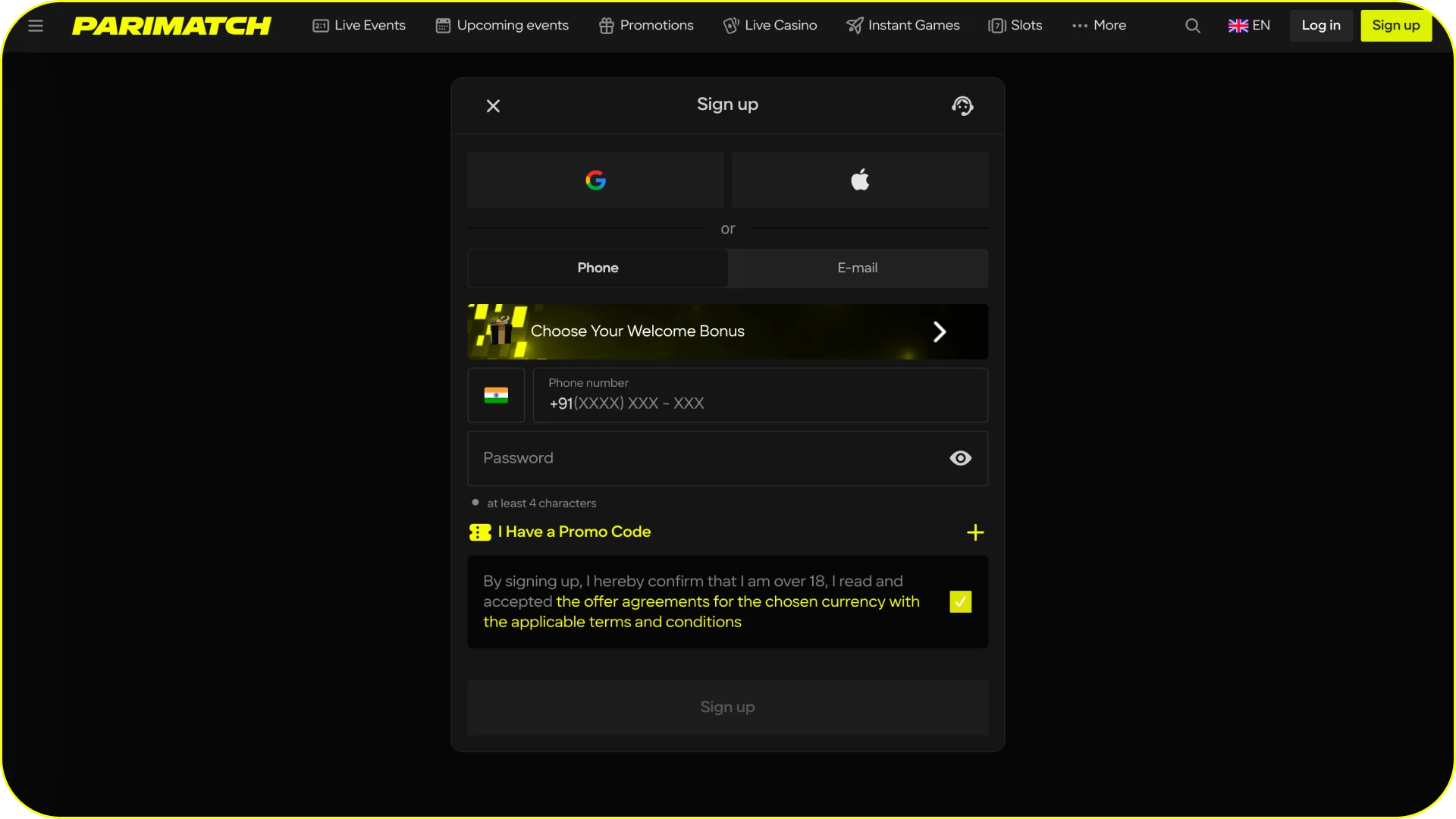 Check out the official Parimatch registration interface to create your account.