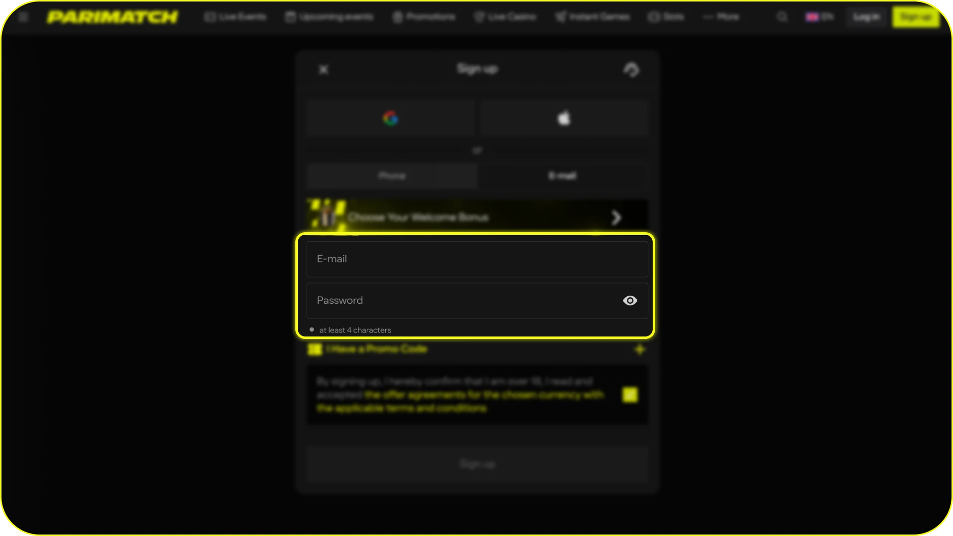 Enter your personal details to complete the Parimatch registration form.