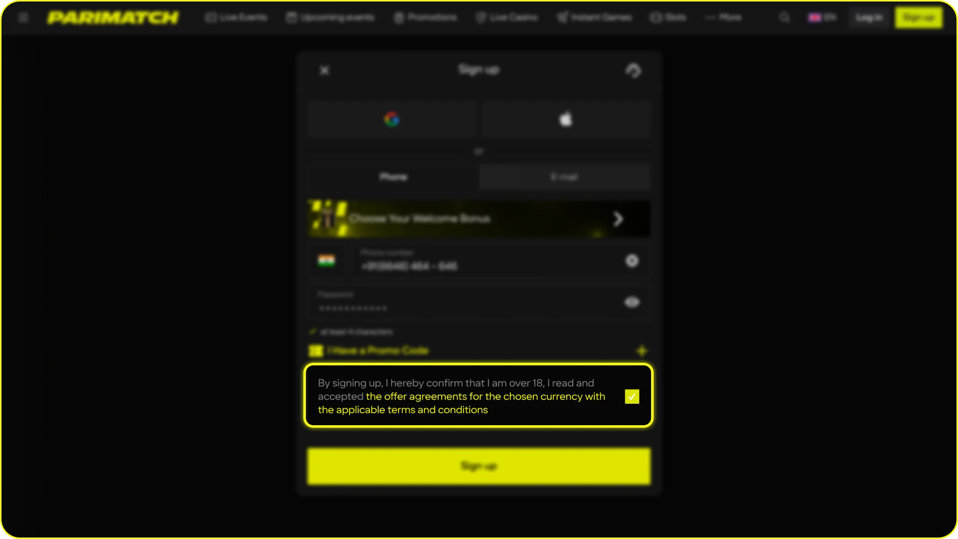Agree to the bookmaker's rules during the Parimatch registration process.